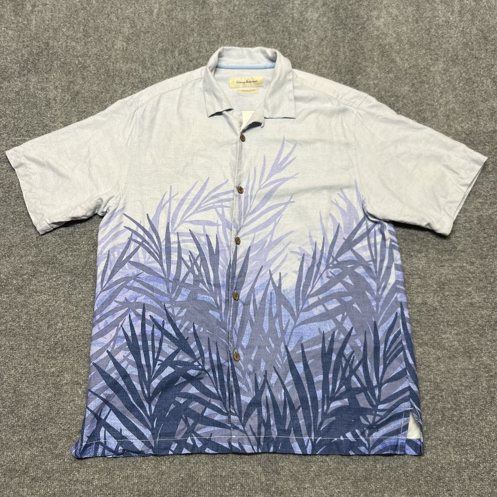 Tommy Bahama Shirt Mens Medium Blue Palm Print Silk Button Front Hawaiian